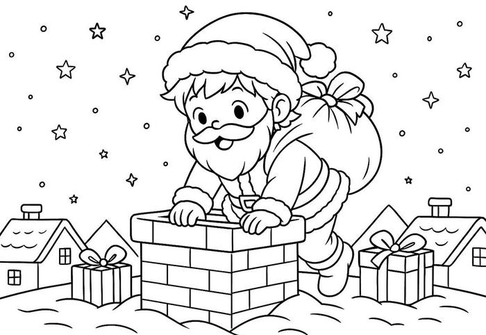 hình ông già noel chui vào ống khói tô màu