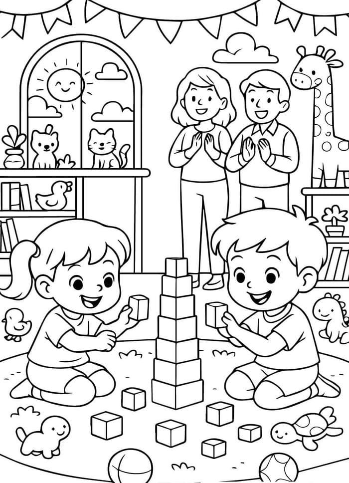 hình tô màu bé chơi xếp hình