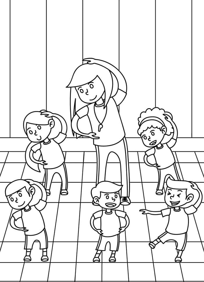 hình tô màu bé tập thể dục tại trường mầm non