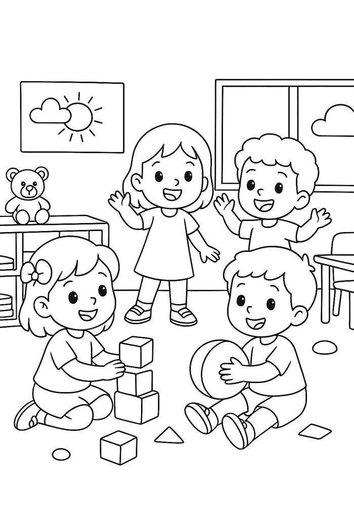 hình tô màu cảnh sinh hoạt trường mầm non