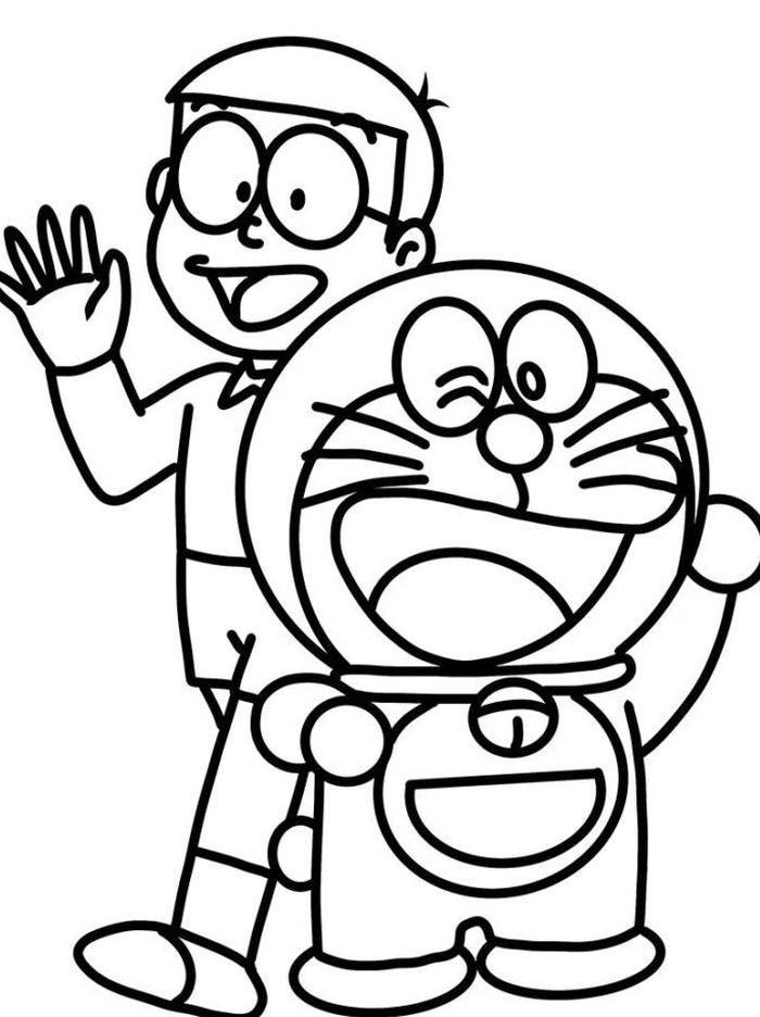 hình tô màu doremon và nobita giơ tay chào