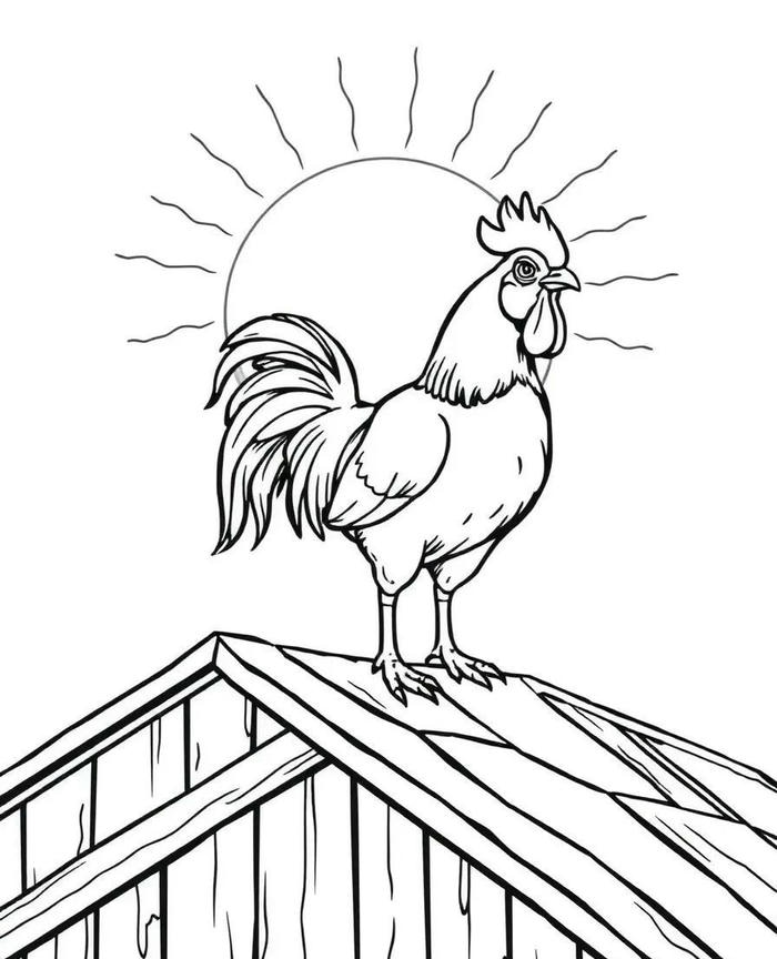 hình tô màu gà trống trên mái nhà