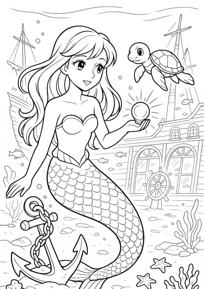 hình tô màu nàng tiên cá cầm ngọc trai