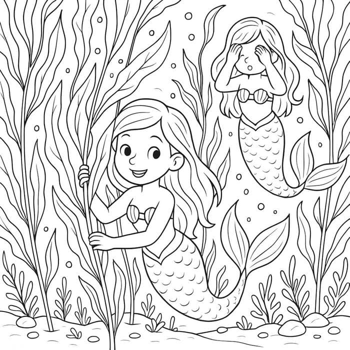 hình tô màu nàng tiên cá chơi đùa với bạn