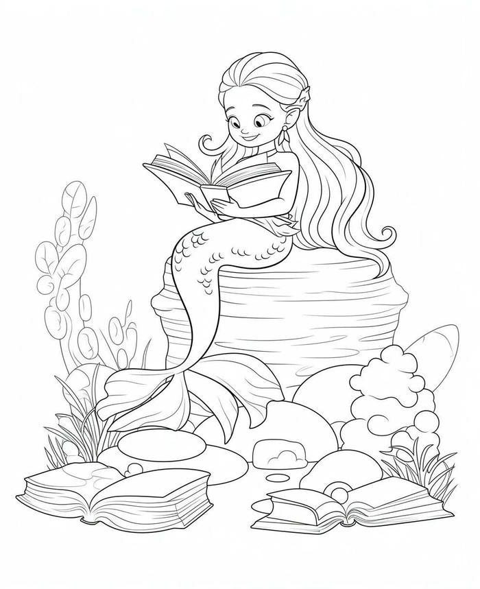 hình tô màu nàng tiên cá trên tảng đá