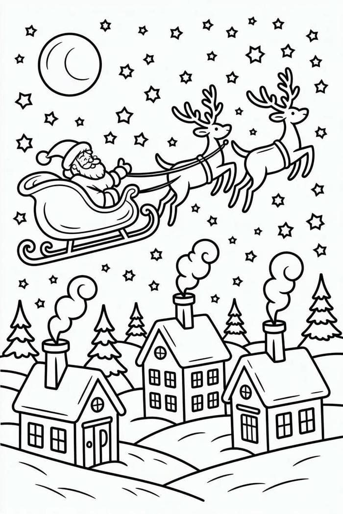 hình tô màu ông già noel bay trên trời
