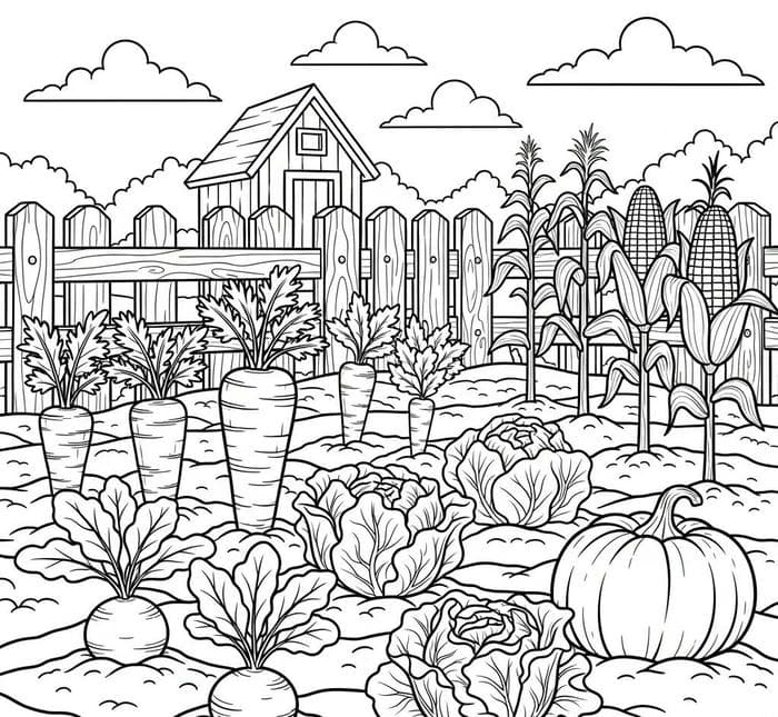 hình tô màu rau củ quả tươi sạch trong vườn