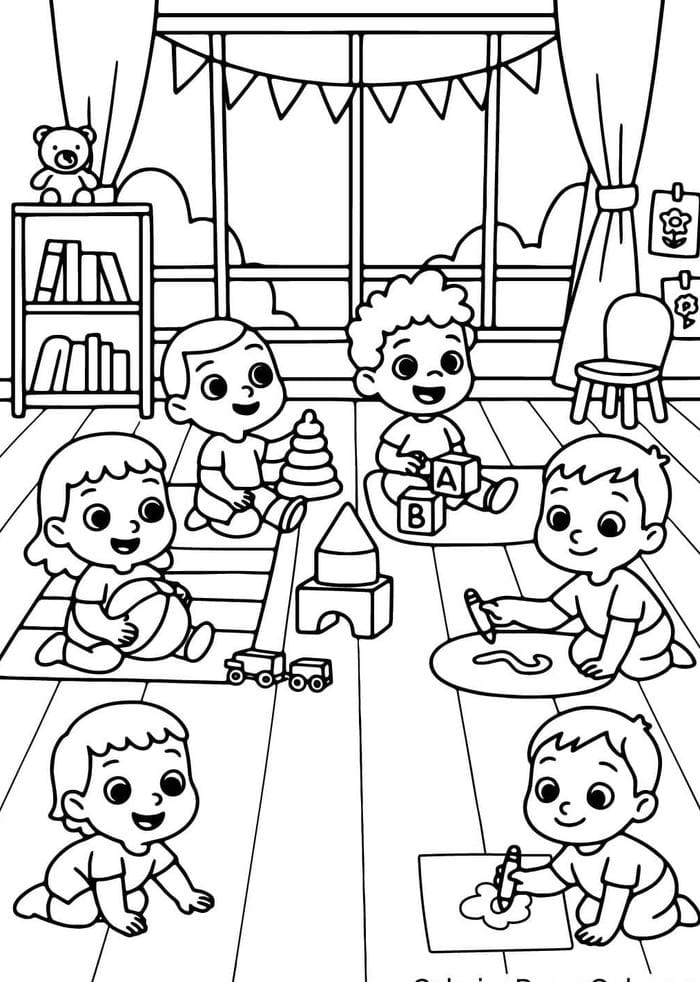 hình tô màu trẻ chơi trong lớp