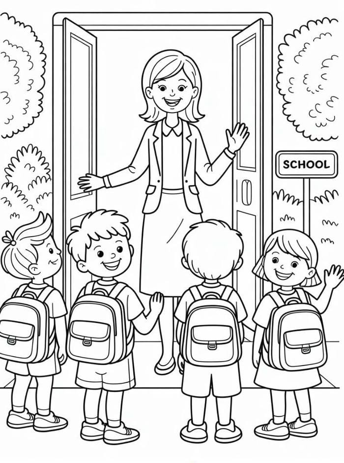 hình tranh tô màu bé lễ phép chào cô giáo