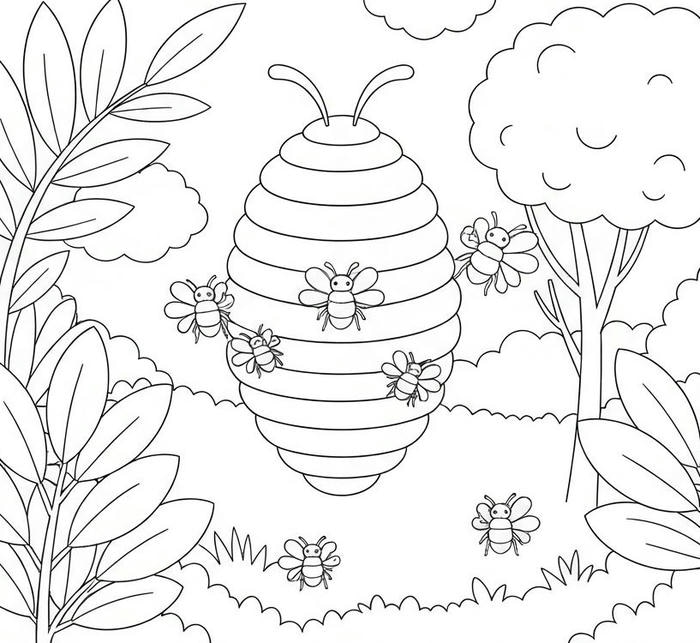 hình tranh tô màu con ong bay quanh tổ