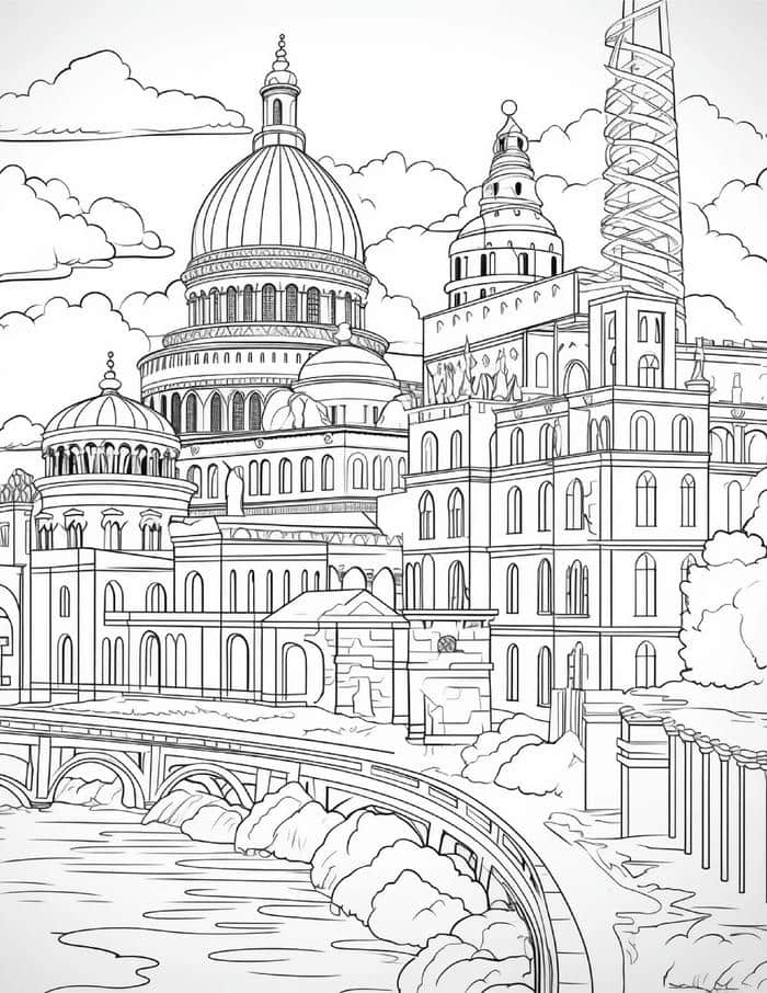 hình tranh tô màu nhà cao tầng lộng lẫy