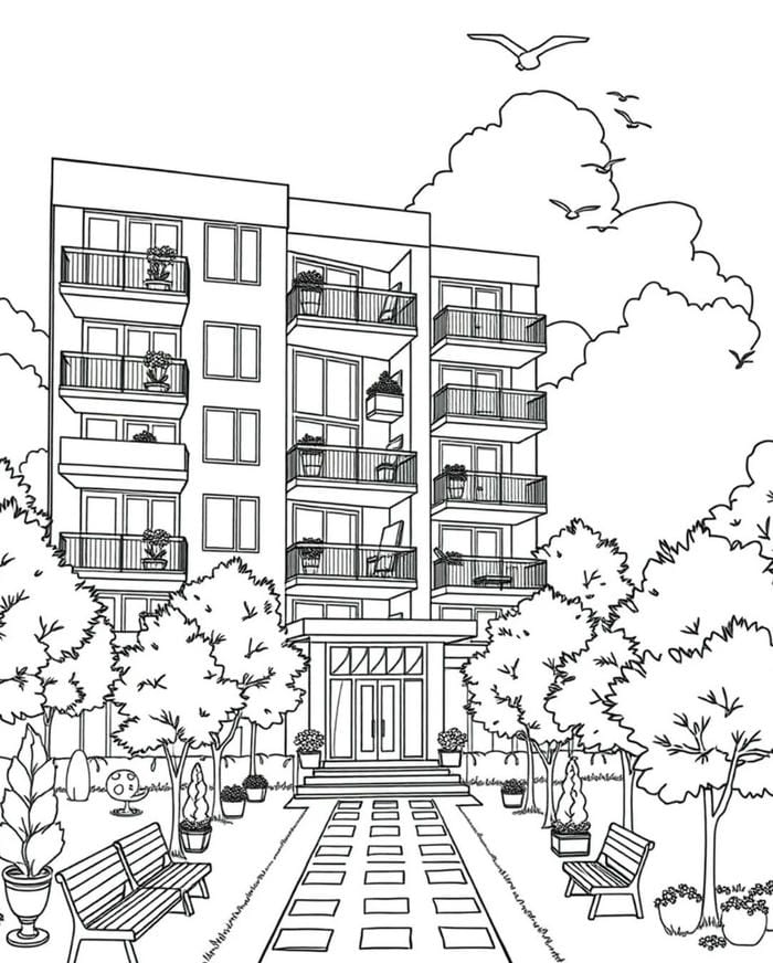 hình tranh tô màu nhà cao tầng mái bằng