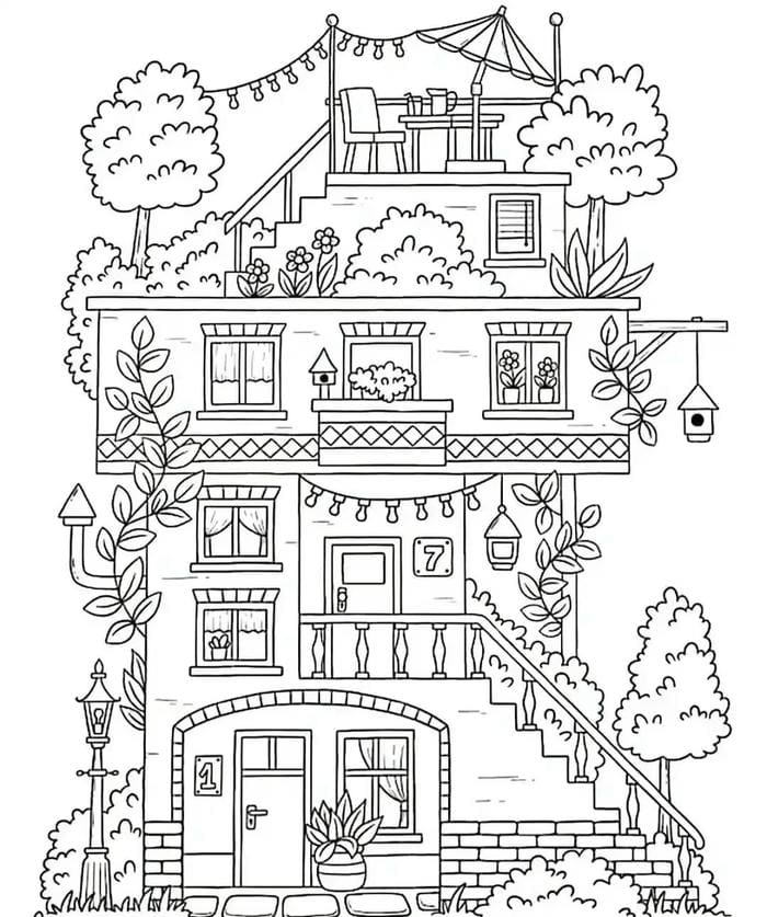 hình tranh tô màu nhà cao tầng nhiều cửa sổ