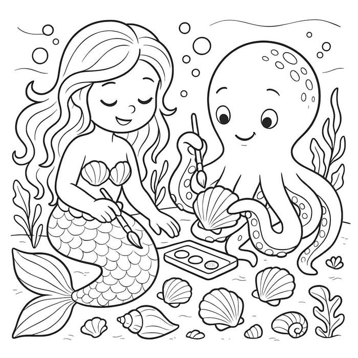 hình tranh tô nàng tiên cá cùng bạch tuộc vẽ