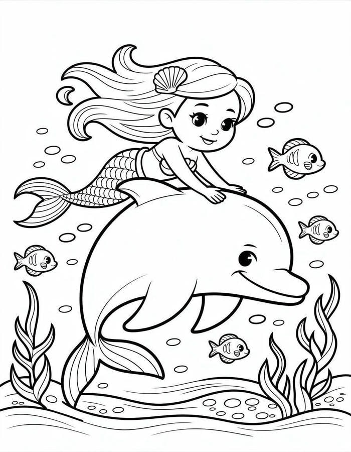 hình tranh tô nàng tiên cá cùng cá