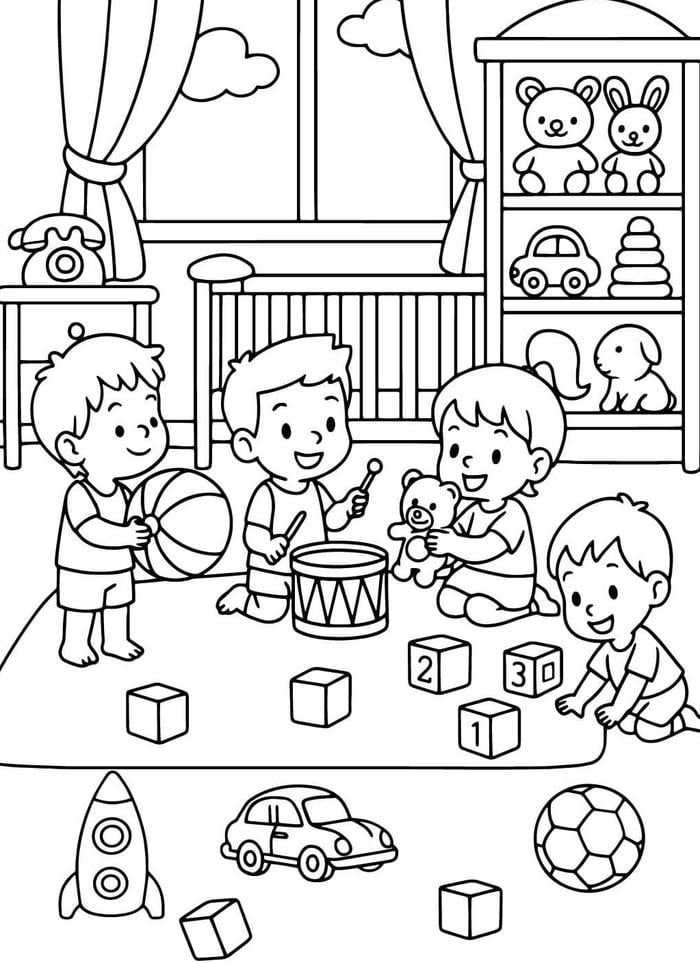 tô màu bé chia sẻ đồ cùng bạn ở lớp