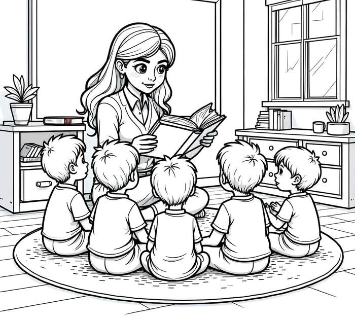 tranh tô màu các bé nghe cô đọc sách
