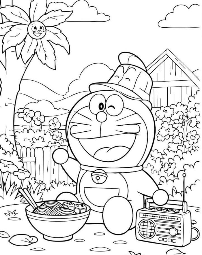 tranh tô màu doraemon trong vườn nhà