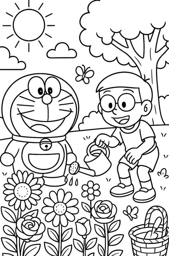 tranh tô màu doraemon và nobita tưới hoa