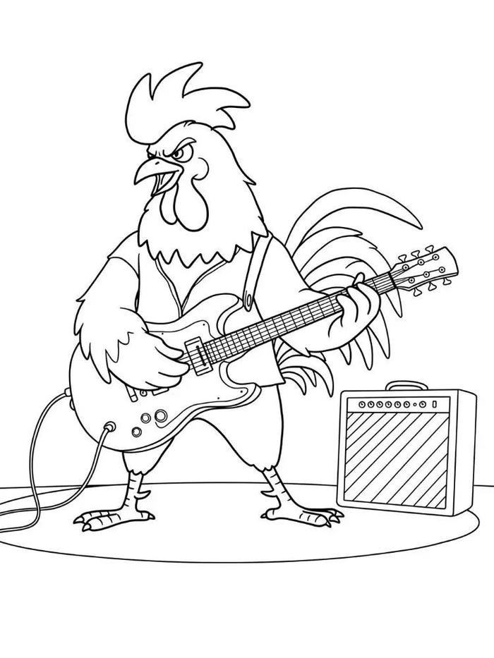tranh tô màu gà trống chơi đàn