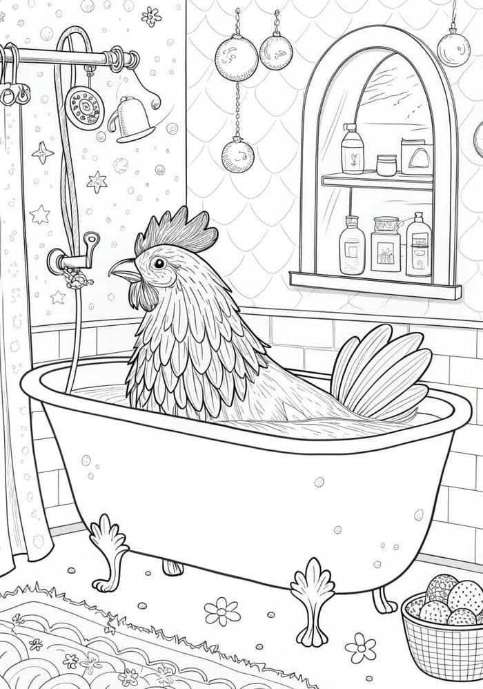 tranh tô màu gà trống trong bồn tắm