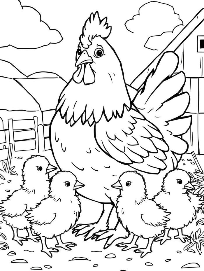 tranh tô màu gà trống và đàn gà con
