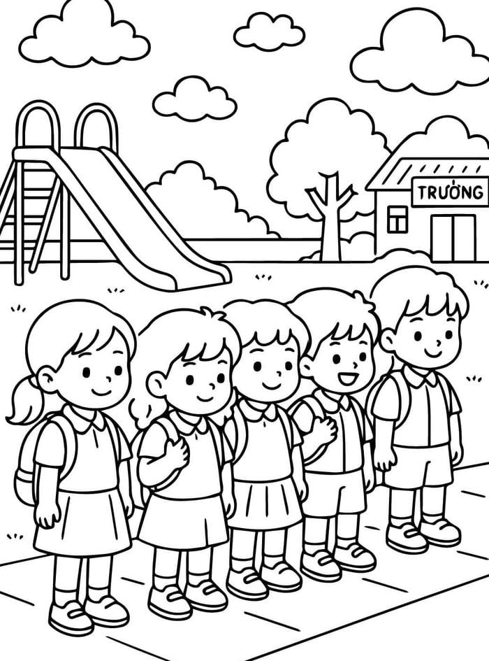 tranh tô màu học sinh xếp thành hàng