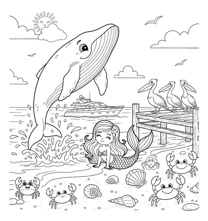 tranh tô màu nàng tiên cá trên bờ