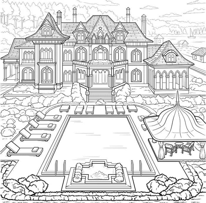 tranh tô màu nhà cao tầng bên cạnh hồ nước