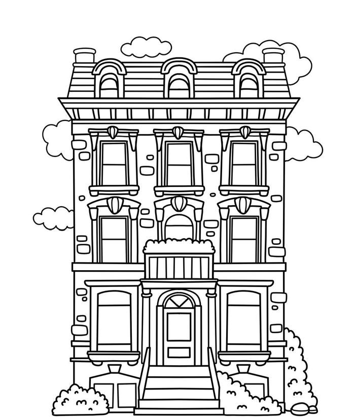 tranh tô màu nhà cao tầng kiến trúc cổ