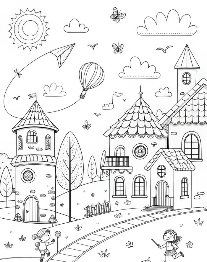 tranh tô màu nhà cao tầng kiến trúc lạ