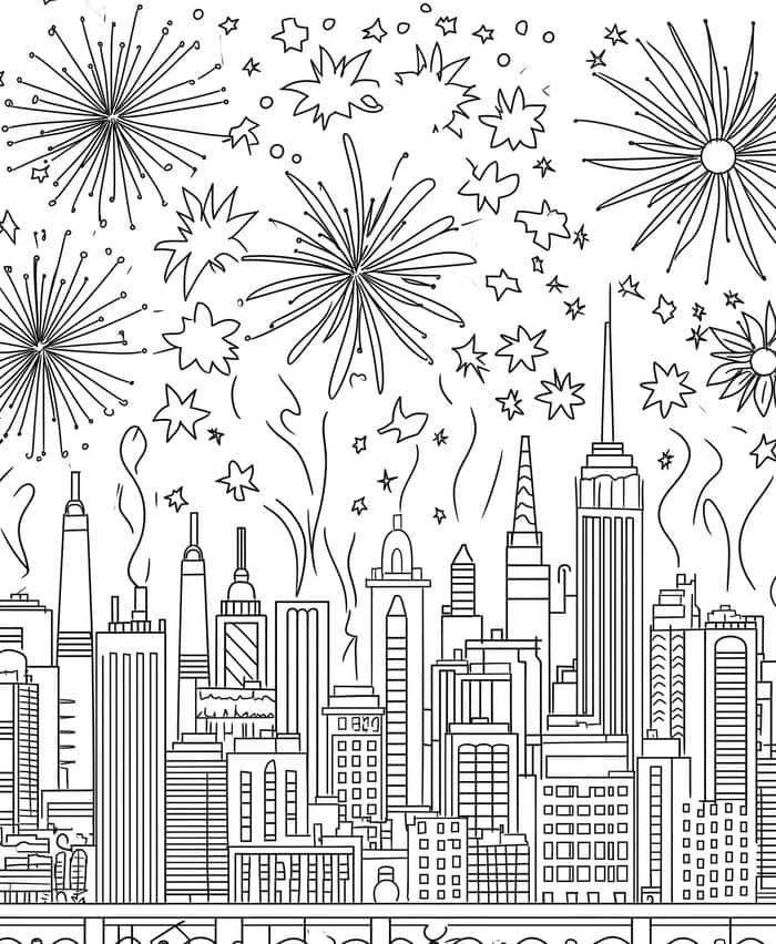 tranh tô màu nhà cao tầng trời đầy pháo hoa