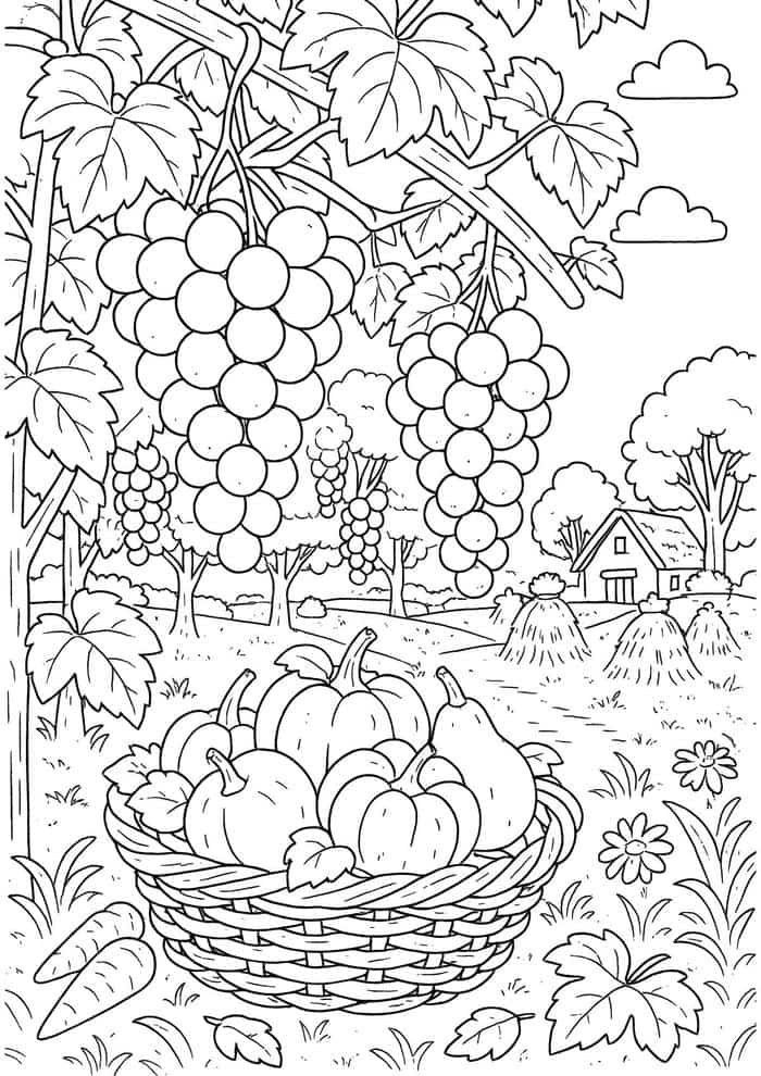 tranh tô màu rau củ quả xếp trong rổ nhựa