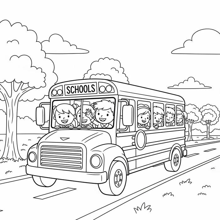 tranh tô màu xe bus đón học sinh