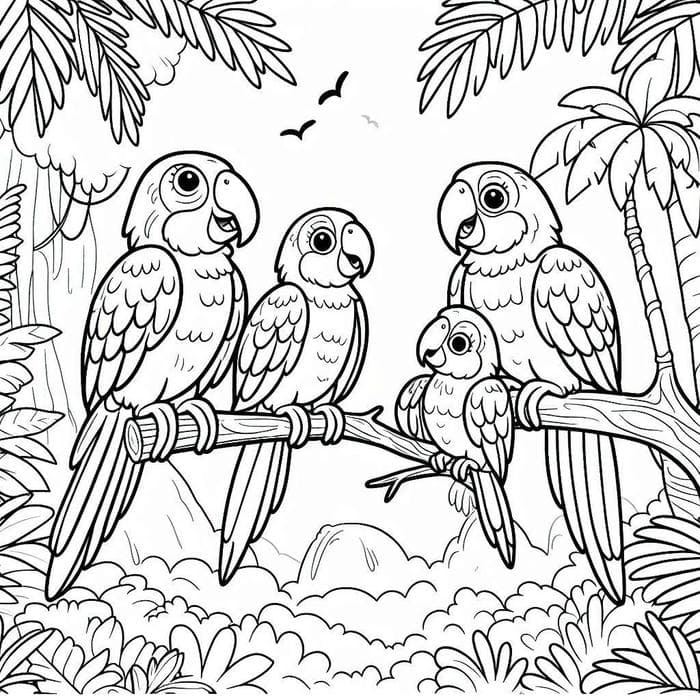 tranh tô mmu gia đình chim vẹt