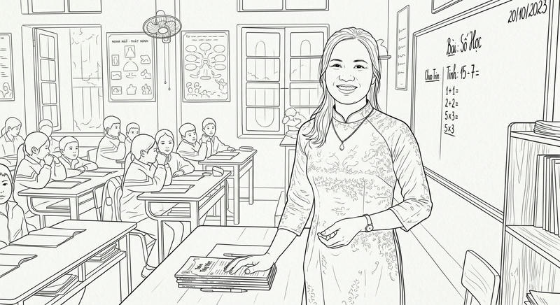 Bé tập tô màu cô giáo giảng bài