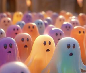 Bóng ma nhỏ biểu cảm vui nhộn phong cách chibi hoạt hình