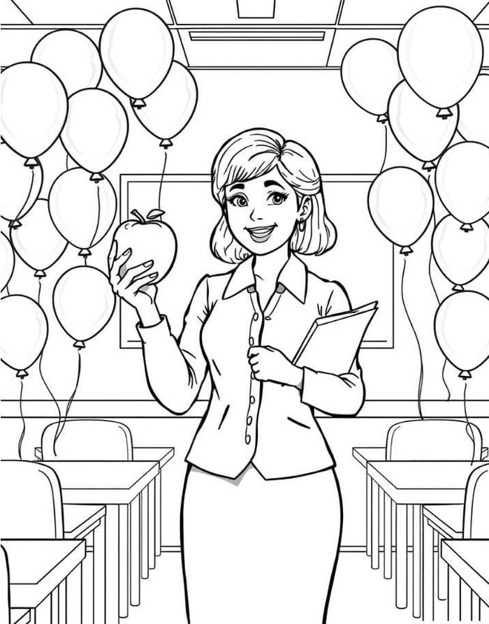 Bức tranh tô màu cô giáo và lớp