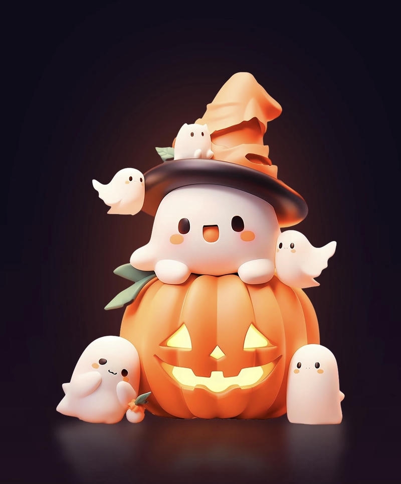 Hình Ảnh ma nhỏ đội mũ bí ngô phong cách ảnh ma chibi