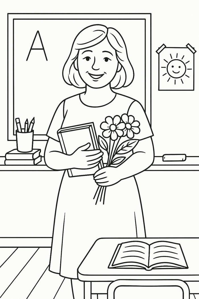 Hình tô màu chân dung cô giáo ôm hoa
