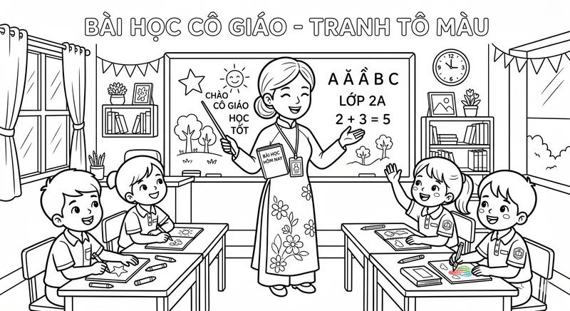 Tập tô màu cô giáo đang giảng dạy