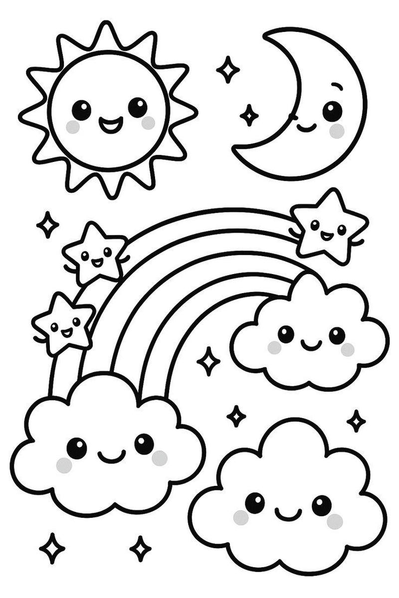 Tranh tô màu cầu vồng phong cách hoạt hình đáng yêu