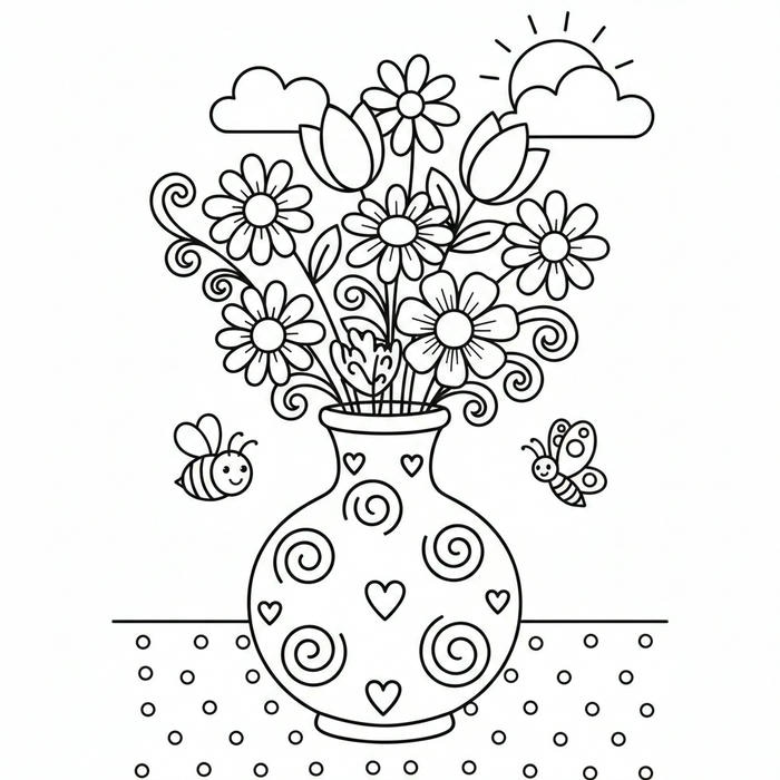 ảnh bình hoa cho bé tô màu
