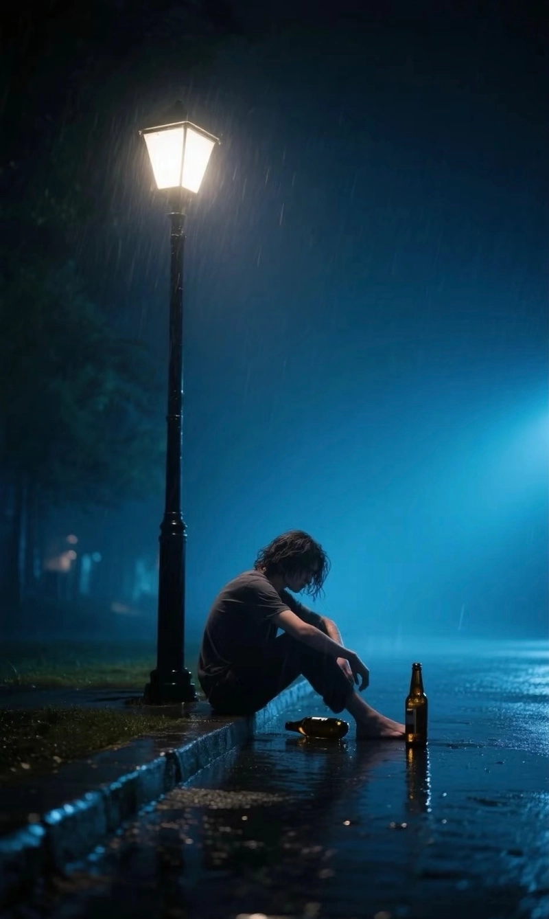 ảnh buồn nam một mình dưới ánh đèn đường khuya