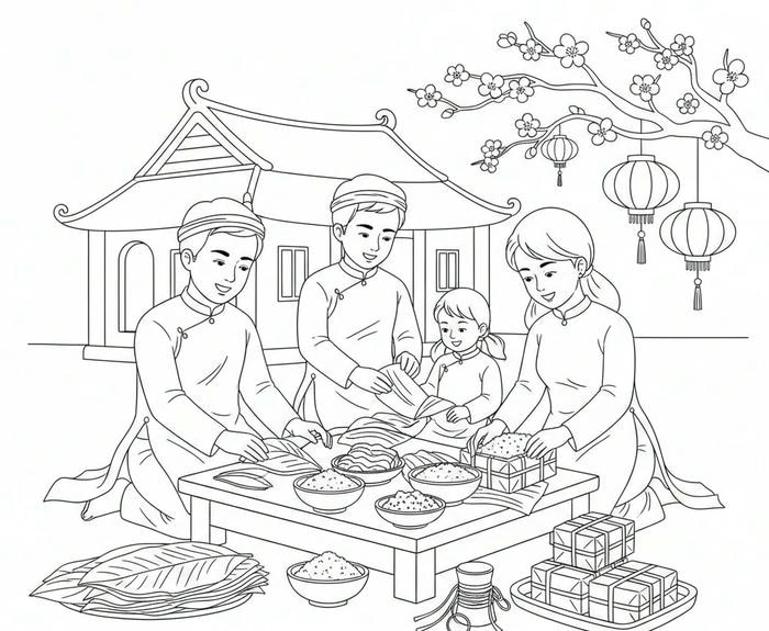 ảnh tô màu gói bánh chưng ngày tết