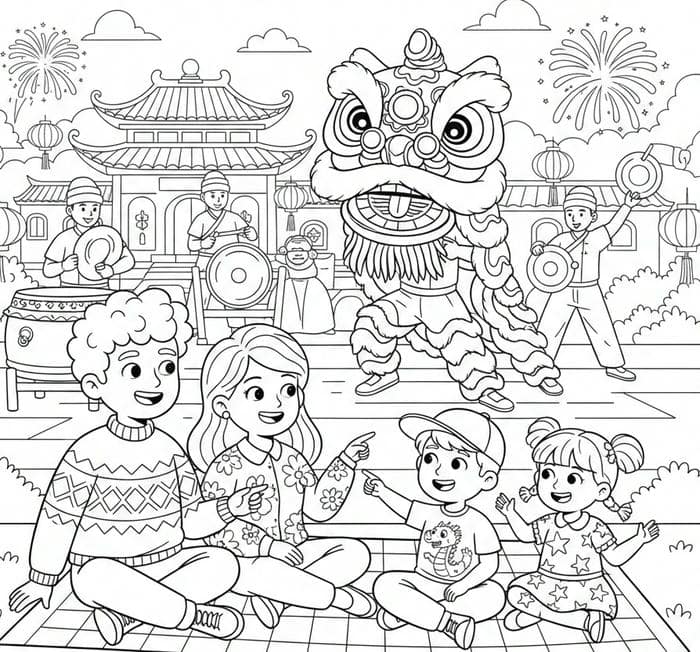 ảnh tô màu tết múa lân rộn ràng