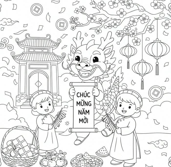 ảnh tô màu tranh tết đón xuân mới an lành