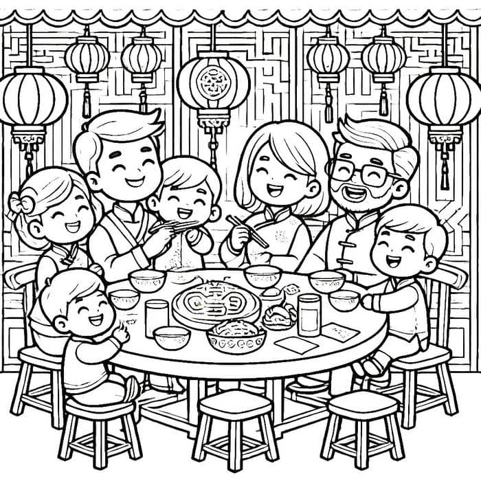 hình tô màu gia đình đón tết