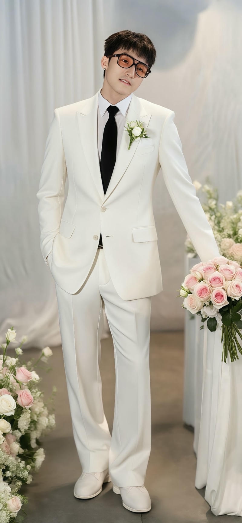 nền Sơn Tùng MTP mặc trang phục vest trắng