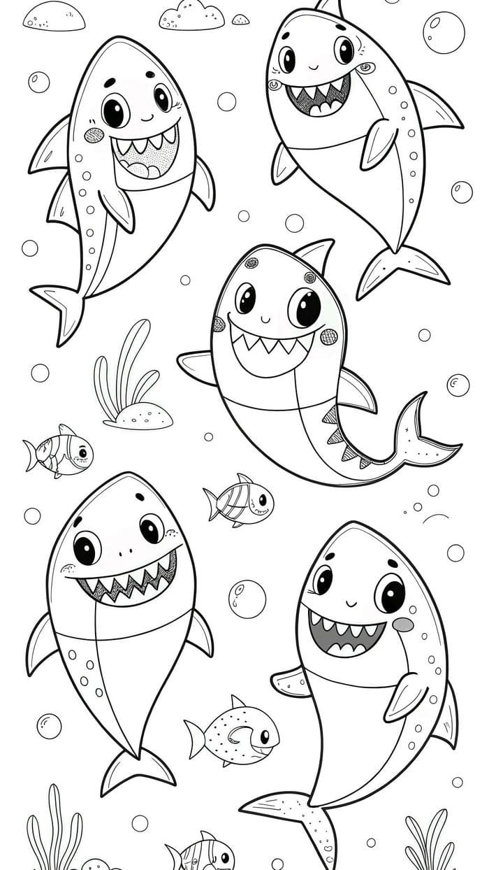 tranh tô màu nhiều cá mập cute